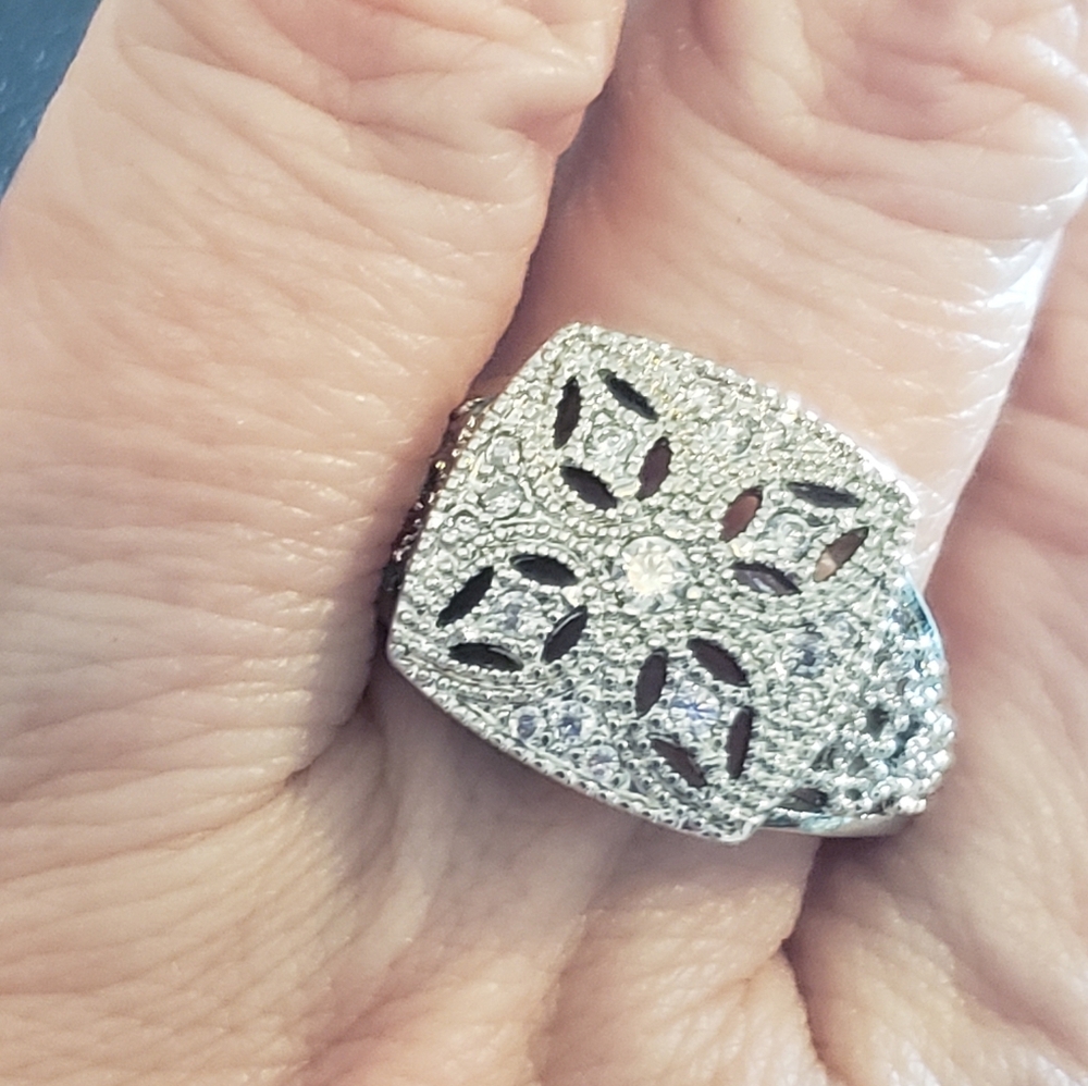 Ring, Vintage Inspired Art Deco Style, Cluster Of Gemstones In Shield Pattern S8 - Picture 5 of 7